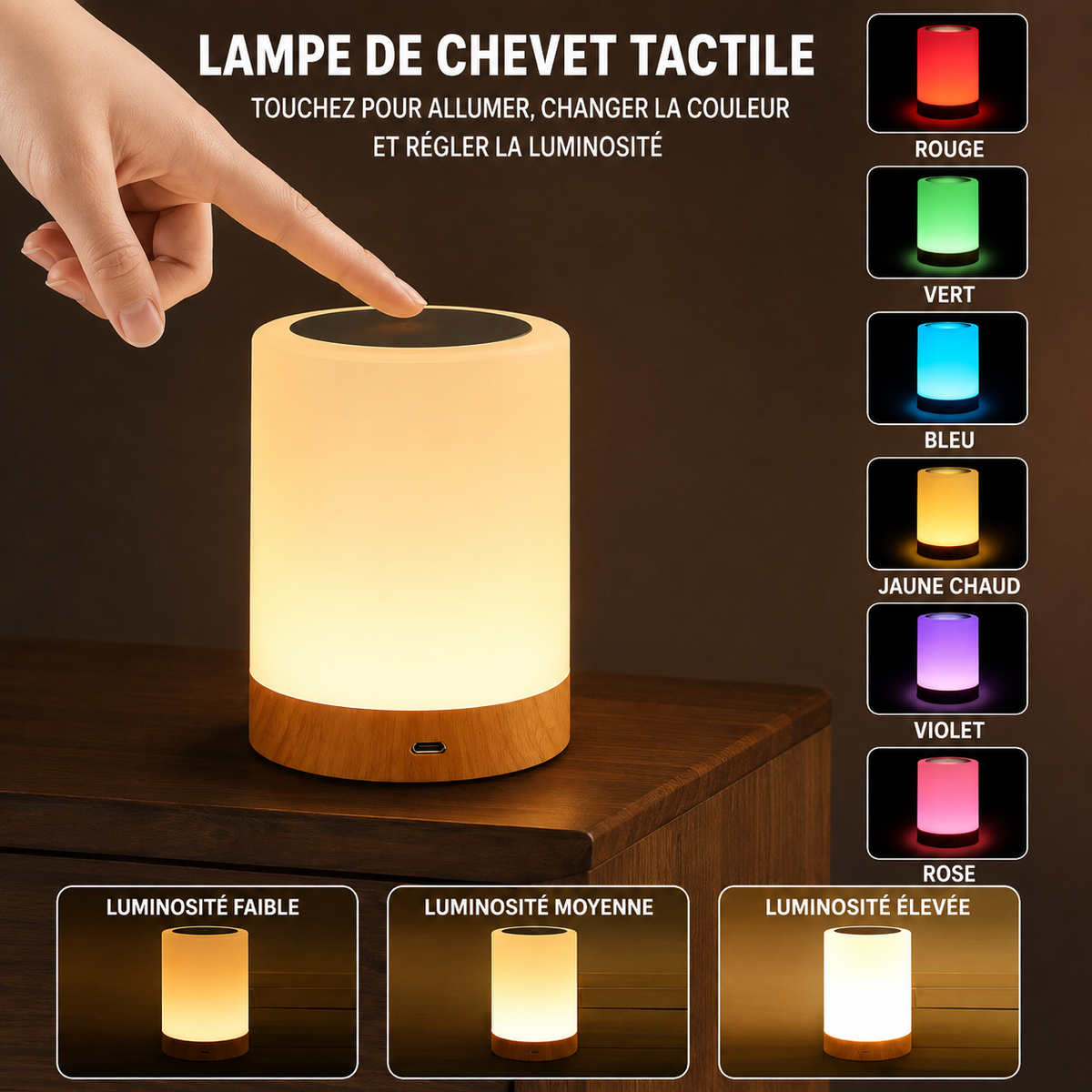 Lampe de chevet tactile RGB — rechargeable USB
