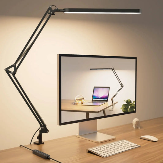 Lampe de bureau LED à bras long, pince pliable, lumière de soin des yeux réglable avec 3 modes de couleur, variable pour lire, les études et les travaux de bureau
