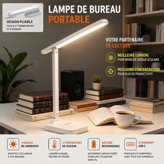 Lampe de bureau pliable USB — 3 niveaux d'intensité