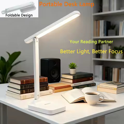 Lampe de bureau pliable avec protection oculaire, gradation à trois vitesses, compatible avec la charge USB et les deux modes d'alimentation (prise secteur et USB), et fonction d'apprentissage.